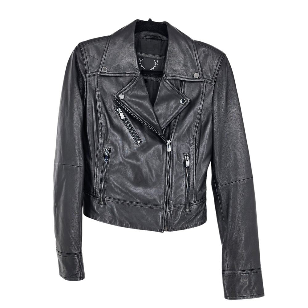 Bod & Christensen Women's Black Leather Cropped Zip Up Moto Jacket Size XS